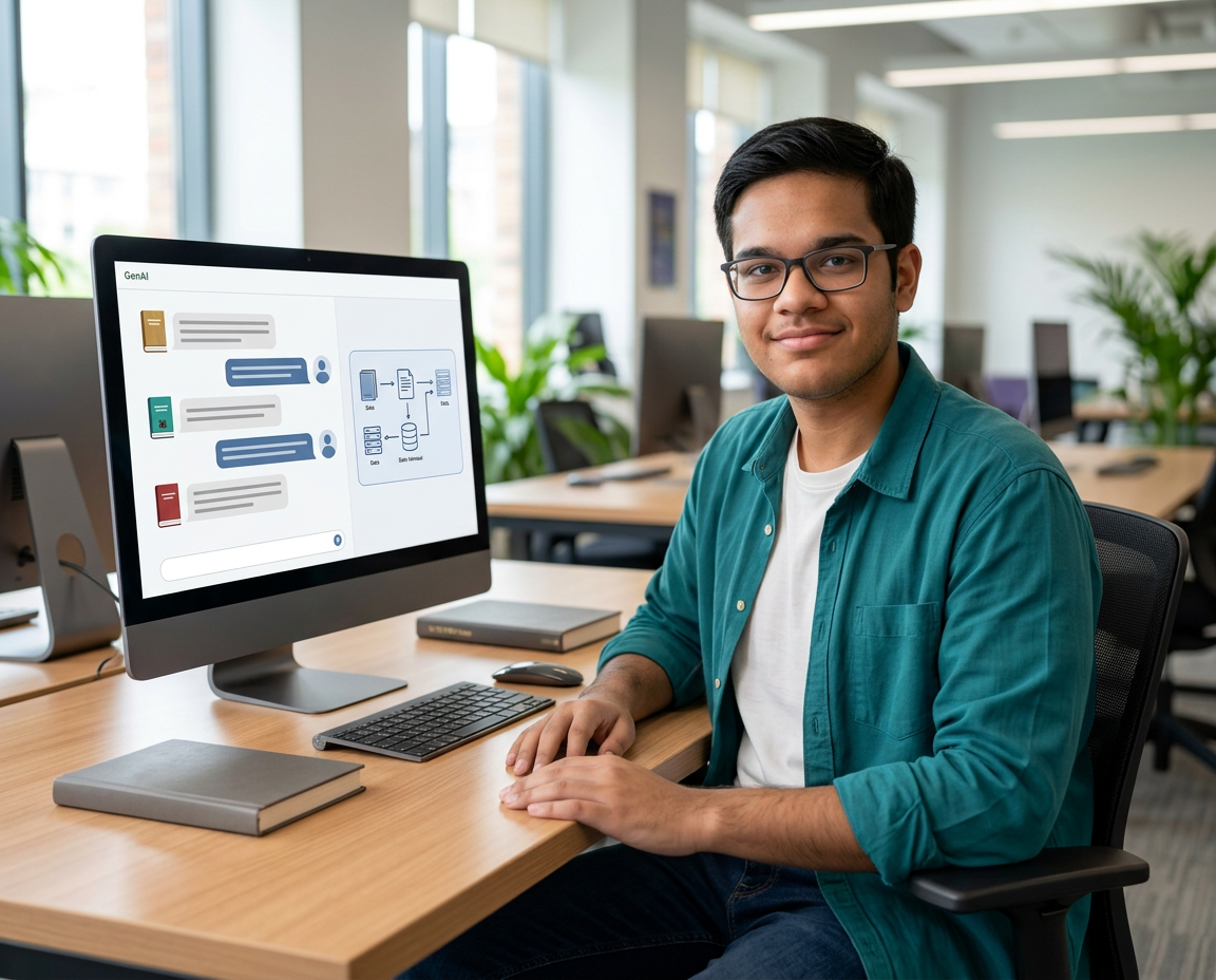 AI-edited casual portrait of Jagpreet beside a conversational AI interface with books and retrieval diagrams