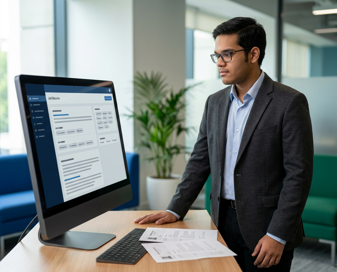 AI-edited waist-up formal portrait of Jagpreet reviewing anonymous resume matches beside a monitor