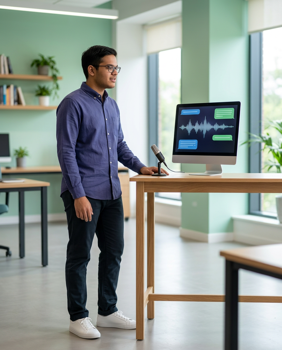 AI-edited full-length portrait of Jagpreet speaking toward a desk microphone beside a speech interface